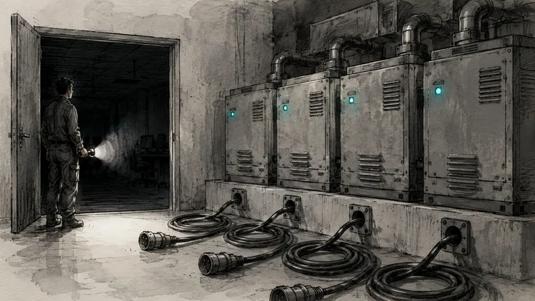 Editorial illustration on warm off-white paper: inside a dark building during a blackout, a row of backup generators each shows a small, steady indicator light, calm and identical, as if everything were working. Their heavy output cables lie coiled and unplugged on the floor in front of empty sockets, connected to nothing, and the rooms beyond stay dark. A technician stands in the doorway with a flashlight, looking at the lit indicators while the building behind stays black. The indicator lights are the only elements in teal. Charcoal and graphite linework.