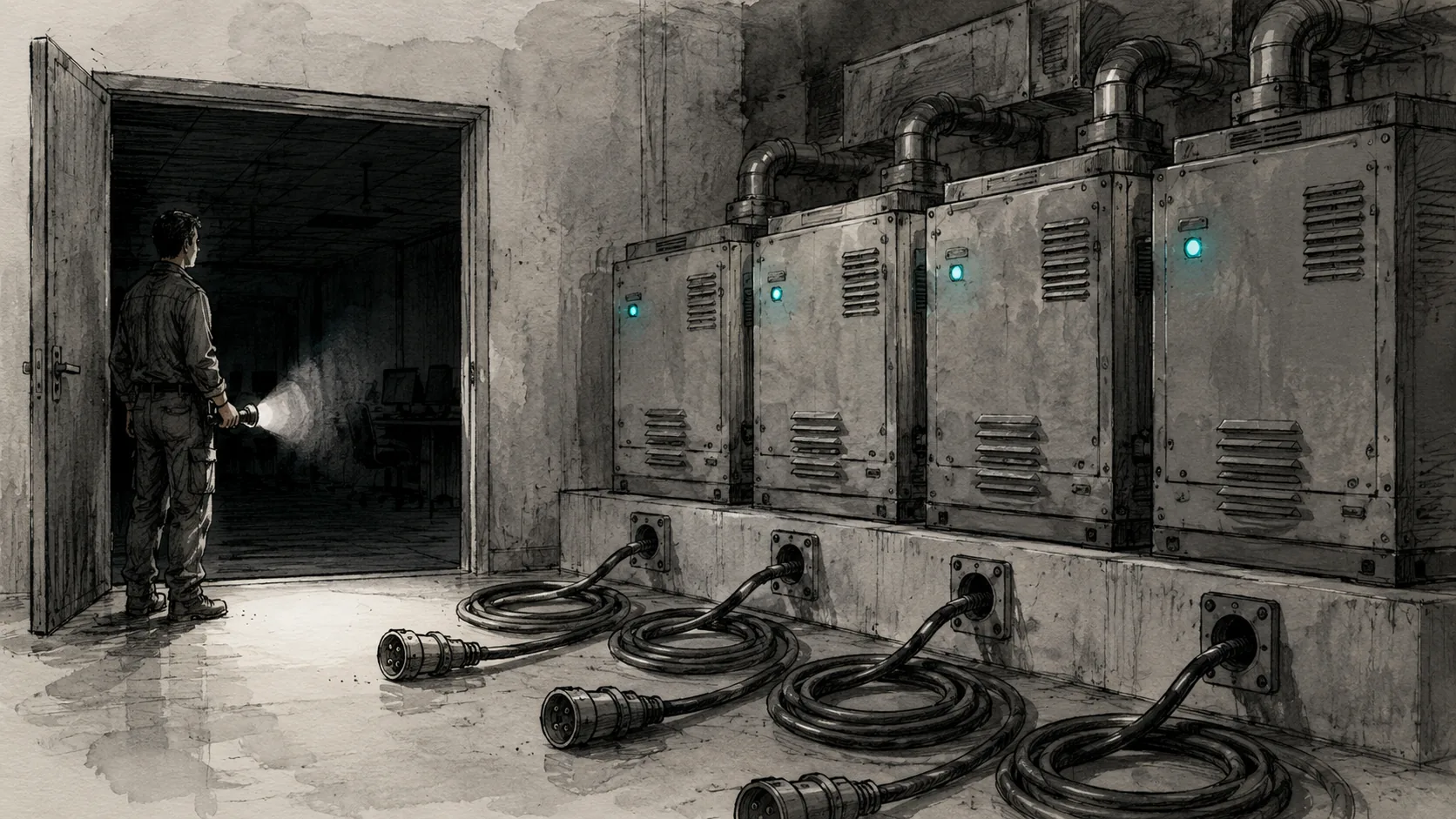 Editorial illustration on warm off-white paper: inside a dark building during a blackout, a row of backup generators each shows a small, steady indicator light, calm and identical, as if everything were working. Their heavy output cables lie coiled and unplugged on the floor in front of empty sockets, connected to nothing, and the rooms beyond stay dark. A technician stands in the doorway with a flashlight, looking at the lit indicators while the building behind stays black. The indicator lights are the only elements in teal. Charcoal and graphite linework.