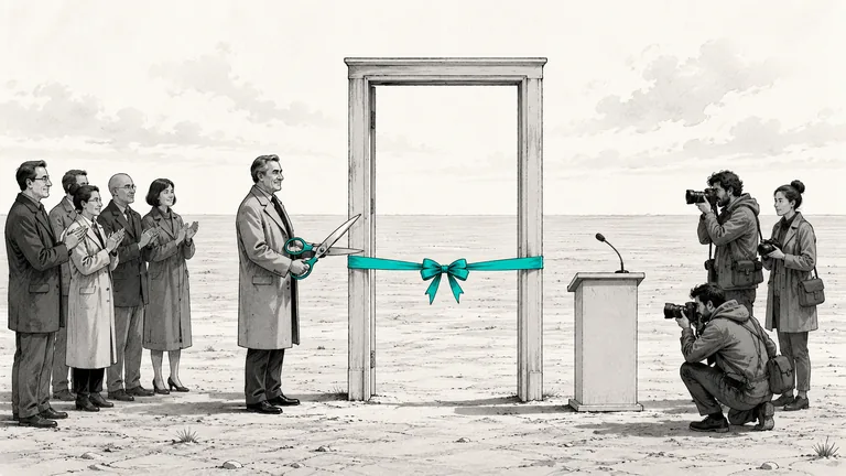 A formal ribbon-cutting ceremony on open ground: a freestanding doorframe is planted in the dirt with a teal ribbon stretched across it, a dignitary holds oversize ceremonial scissors at the ribbon, a small group of polite attendees applauds on the left, photographers and a lectern with a microphone stand on the right, and the horizon behind the doorframe is empty.