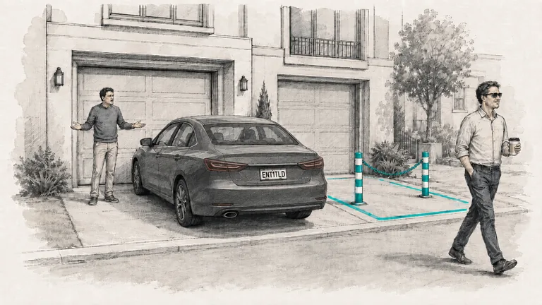 A sedan blocks a garage door while a frustrated neighbor gestures and the driver walks away holding coffee. To the right, an empty parking space is protected by teal posts and chains.