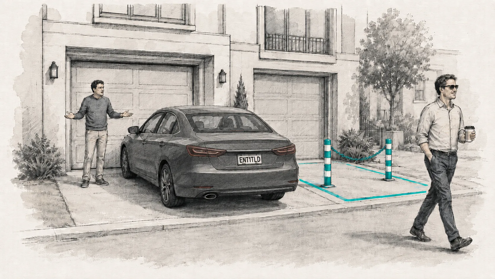 A sedan blocks a garage door while a frustrated neighbor gestures and the driver walks away holding coffee. To the right, an empty parking space is protected by teal posts and chains.