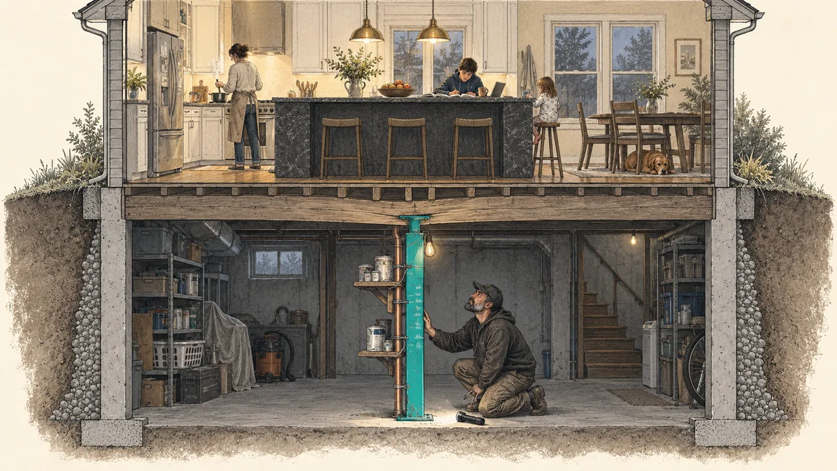 Editorial illustration of a house drawn in cross-section on warm paper. Upstairs, in a lamplit kitchen, a woman stirs a pot, a teenager does homework at a dark stone island, a small girl sits on a stool and a dog sleeps under the dining table. Directly below, in a cluttered basement, a single steel post, the only element in teal, props up a sagging beam beneath the island; a shelf, a copper pipe and a bulb are fixed to it, and pencilled height marks run up its side. A contractor kneels at its base, his flashlight on the floor, one palm on the post, looking up.