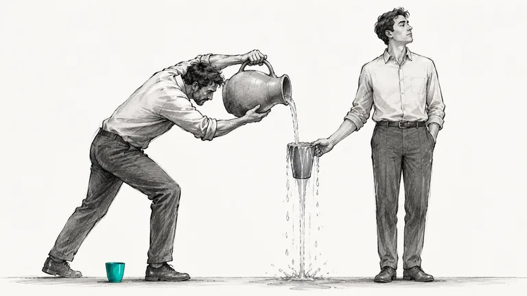 Editorial illustration: on the left, a bent, straining man tips a large clay pitcher and pours water into a cup held out by a second man on the right. The cup is already overflowing; water spills over the rim and splashes to the ground, yet he keeps pouring. The second man stands upright and relaxed, one hand in his pocket, looking away, unbothered by the overflow. On the ground near the pouring man&rsquo;s feet sits his own small cup, empty and dry. That cup is the only element rendered in teal. Charcoal and graphite linework on warm off-white paper.