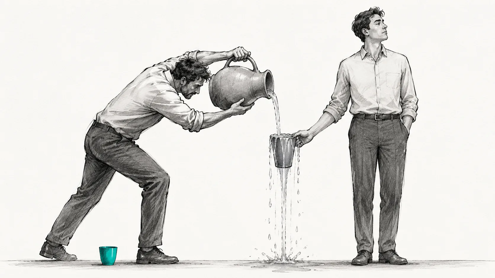 Ilustraci&oacute;n editorial: a la izquierda, un hombre inclinado y en tensi&oacute;n vuelca un gran c&aacute;ntaro de barro y sirve agua en una taza que le extiende un segundo hombre a la derecha. La taza ya se desborda; el agua cae por el borde y salpica el suelo, y aun as&iacute; &eacute;l sigue sirviendo. El segundo hombre est&aacute; de pie, erguido y relajado, con una mano en el bolsillo, mirando hacia otro lado, indiferente al derrame. En el suelo, junto a los pies del que sirve, descansa su propia taza peque&ntilde;a, vac&iacute;a y seca. Esa taza es el &uacute;nico elemento en turquesa. Trazo de carboncillo y grafito sobre papel c&aacute;lido color hueso.