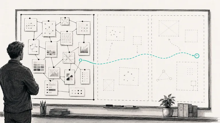 Editorial illustration on warm off-white paper: seen from behind, a person stands before a large board divided into zones. On the left, a resolved zone gathers many small cards linked by lines and nodes; toward the right, several zones drawn only as faint dashed outlines sit empty, like open questions and assumptions still unresolved. A single dashed teal line traces a path from the connected zone across the board to a small marked checkpoint on the far side. A ledge below the board holds pencils, markers, and a potted plant. Charcoal and graphite linework with a single teal accent.