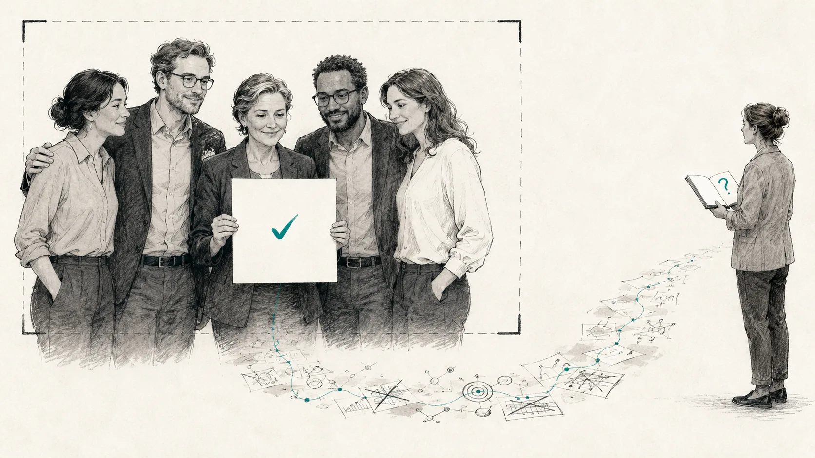 Editorial illustration on warm off-white paper. Five people pose inside a camera crop around a clean board marked with a teal checkmark, while a sixth person stands outside the frame holding an open notebook with a teal question mark. A trail of rough notes and diagrams connects the excluded figure to the polished answer.