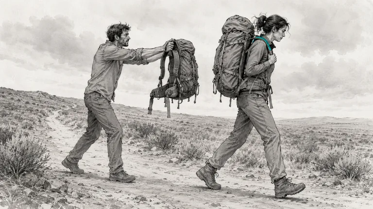 Editorial illustration: two hikers on a dusty high-desert trail under a soft, overcast sky. The figure on the right walks forward at full stride, carrying a large loaded pack on her own back, one hand on the shoulder strap, eyes on the trail ahead. The figure on the left catches up behind her, holding his own pack in both hands at chest height and extending it toward her back – as if to add its weight to a load she is already carrying. Sagebrush and scattered rocks line the path; a low ridge runs along the horizon. A small teal accent marks the hydration tube at the lead hiker’s shoulder.