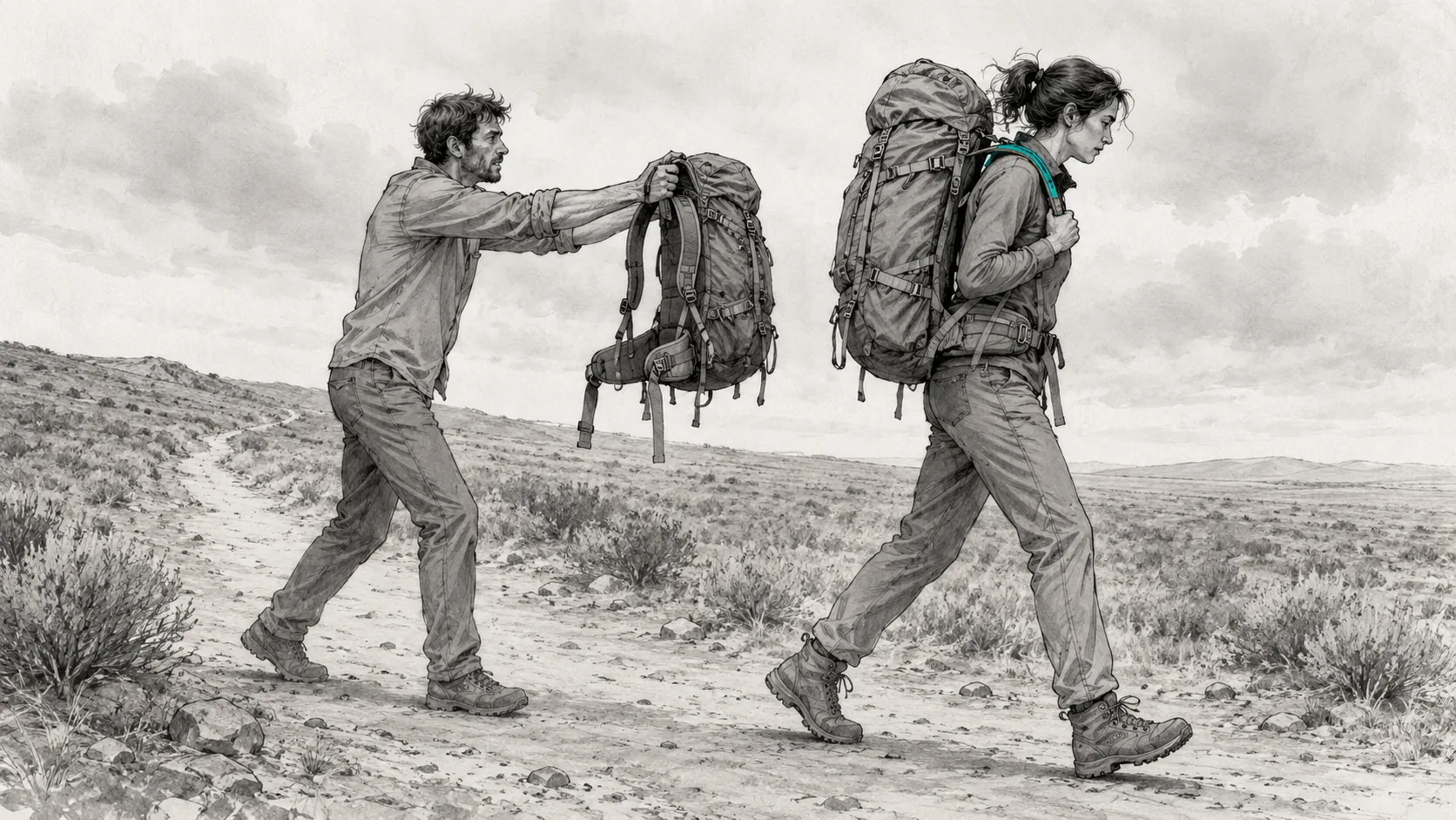 Editorial illustration: two hikers on a dusty high-desert trail under a soft, overcast sky. The figure on the right walks forward at full stride, carrying a large loaded pack on her own back, one hand on the shoulder strap, eyes on the trail ahead. The figure on the left catches up behind her, holding his own pack in both hands at chest height and extending it toward her back – as if to add its weight to a load she is already carrying. Sagebrush and scattered rocks line the path; a low ridge runs along the horizon. A small teal accent marks the hydration tube at the lead hiker’s shoulder.
