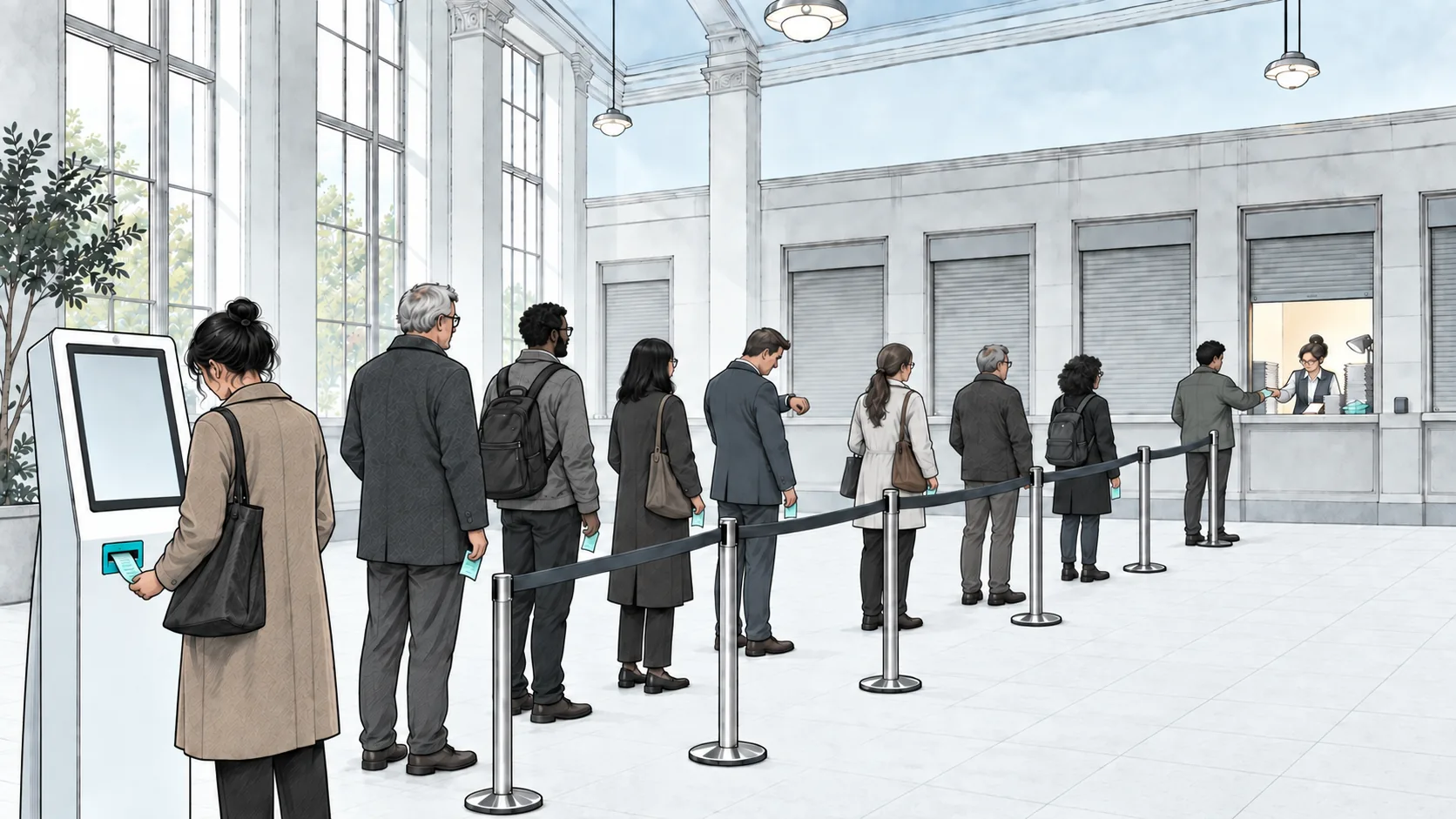 Editorial illustration of a bright public service hall. At a self-service kiosk, a woman pulls a printed slip from the slot. A line of people, each holding the same pale teal slip, waits along rope barriers for the only open window, where a clerk takes a slip across the counter and works through stacks of paper by hand. The other windows are shuttered.