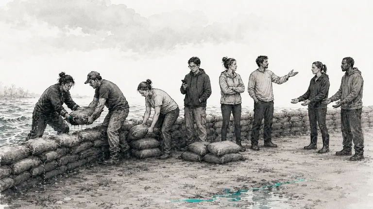 Editorial illustration: a long sandbag wall along a riverbank under an overcast sky. At the left, three workers heave heavy sandbags into place with visible effort, water dripping from a gloved hand, a thin teal slick of water already pooling at the foot of the wall on the inside. In the middle of the line, three figures stand with empty hands – one on a phone, one with arms folded, one gesturing toward someone further along – while unmoved sandbags sit at their feet. At the right, two more figures wait with open palms for bags that are not arriving.