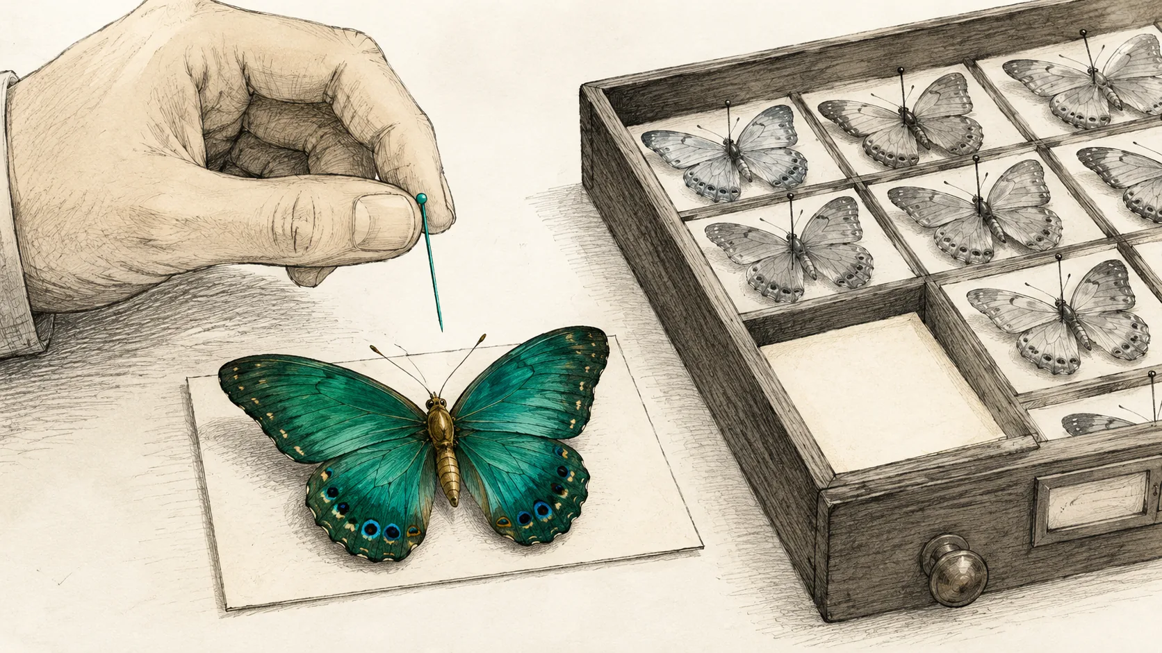 Ilustración editorial sobre papel blanco cálido. Una mano acerca un único alfiler turquesa a una mariposa viva cuyas alas están ricamente coloreadas en verdes, dorado cálido y pequeños toques de azul violáceo, posada sobre una tarjeta de montaje. Al lado, una gaveta abierta guarda especímenes ya clavados, idénticos y apagados en gris, y una tarjeta vacía aún espera. Trazo de carboncillo y grafito con lavados de color hechos a mano.