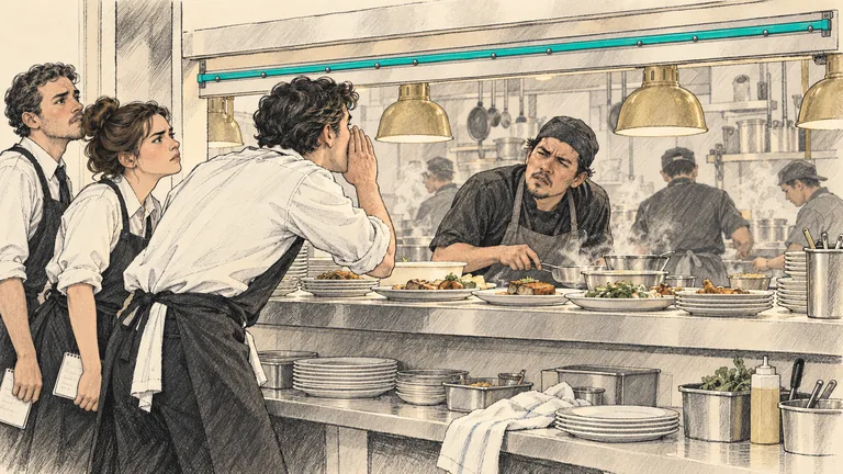 Editorial illustration in pencil and ink wash on warm paper: the dinner rush seen through a restaurant's kitchen pass. A server leans through the opening with a hand cupped to his mouth, shouting an order, while two more servers wait behind him holding notepads. Across the counter of finished plates, a sweating cook leans in and frowns, straining to hear over the pans; other cooks work in the steam behind him. Above the pass, a slim ticket rail runs the full width, completely empty. The rail is the only element in teal.