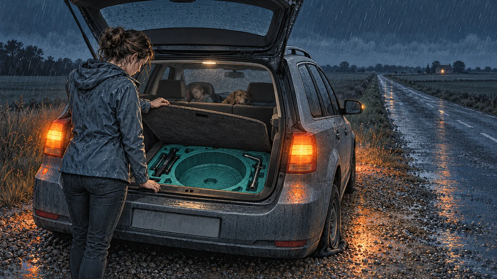 Ilustración editorial de una noche de lluvia en un camino rural. Una mujer con un impermeable mojado está de pie ante el portón trasero abierto de un auto familiar detenido sobre la grava, al costado del camino, y sostiene levantado el piso del área de carga. Debajo, una bandeja moldeada para una llanta de repuesto, el único elemento en turquesa, guarda un gato y una llave de ruedas, pero ninguna llanta. Un niño pequeño y un perro duermen detrás de los asientos traseros, la llanta trasera está pinchada, las luces de emergencia brillan en ámbar sobre la grava mojada y el camino vacío se extiende hasta una sola granja iluminada en el horizonte.