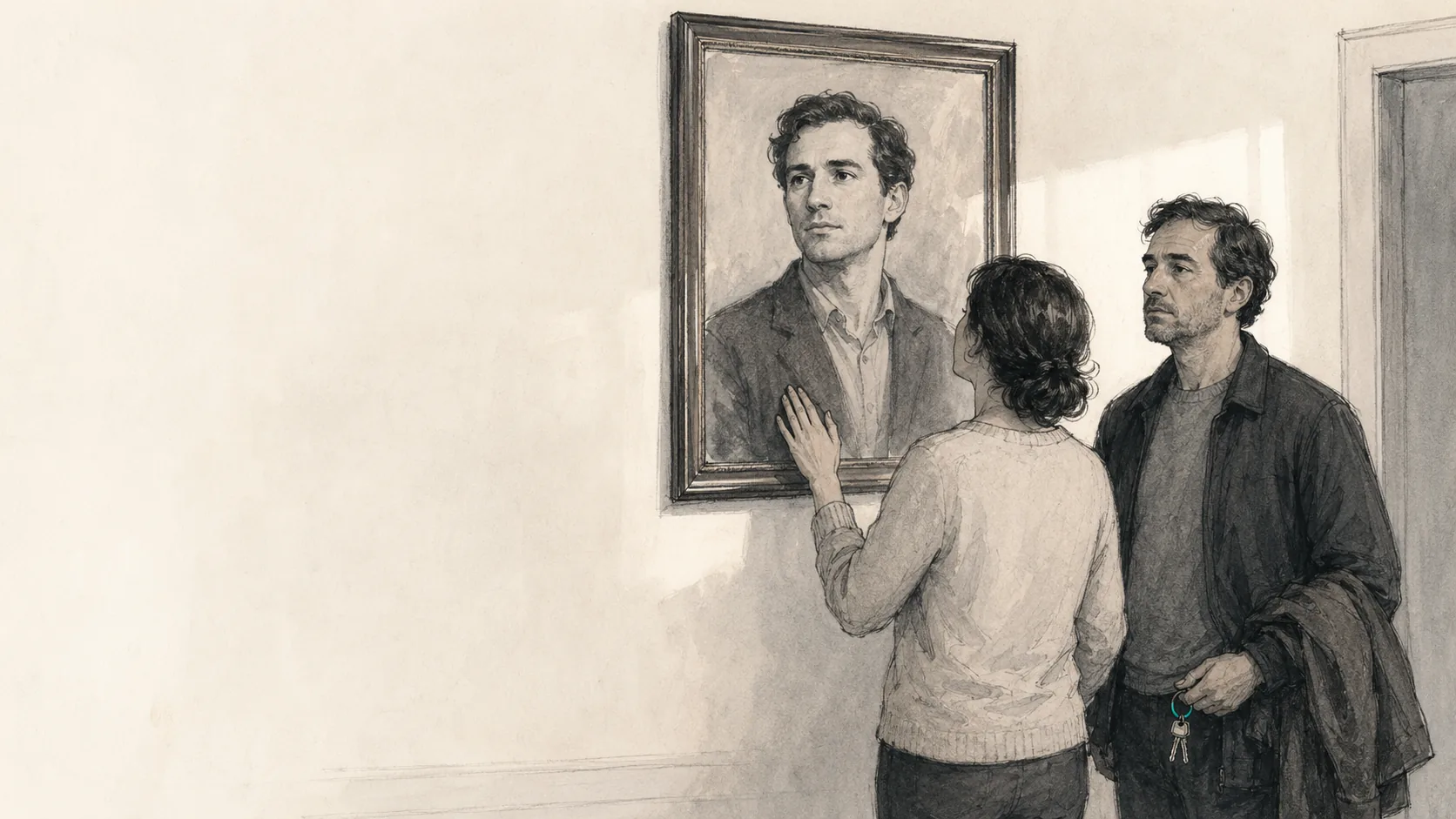 Ilustraci&oacute;n editorial de una persona adulta en un interior dom&eacute;stico, de pie junto a un retrato enmarcado de una versi&oacute;n m&aacute;s joven e idealizada de s&iacute; misma, mientras otra figura contempla el cuadro con una mano apoyada sobre el marco.