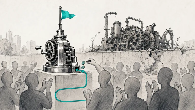 Editorial illustration on warm off-white paper: a small crank-driven machine on a stone pedestal raises a bright teal flag while a crowd gathers around it, applauding, and a hand drops coins into a slot on its side. Behind a low cracked wall, the large gear-and-pipe engine the flag is supposed to represent sits rusted, broken, and overgrown, ignored by the crowd. A teal line loops the dropped coins back into the machine that raises the flag. Charcoal and graphite linework with a single teal accent.