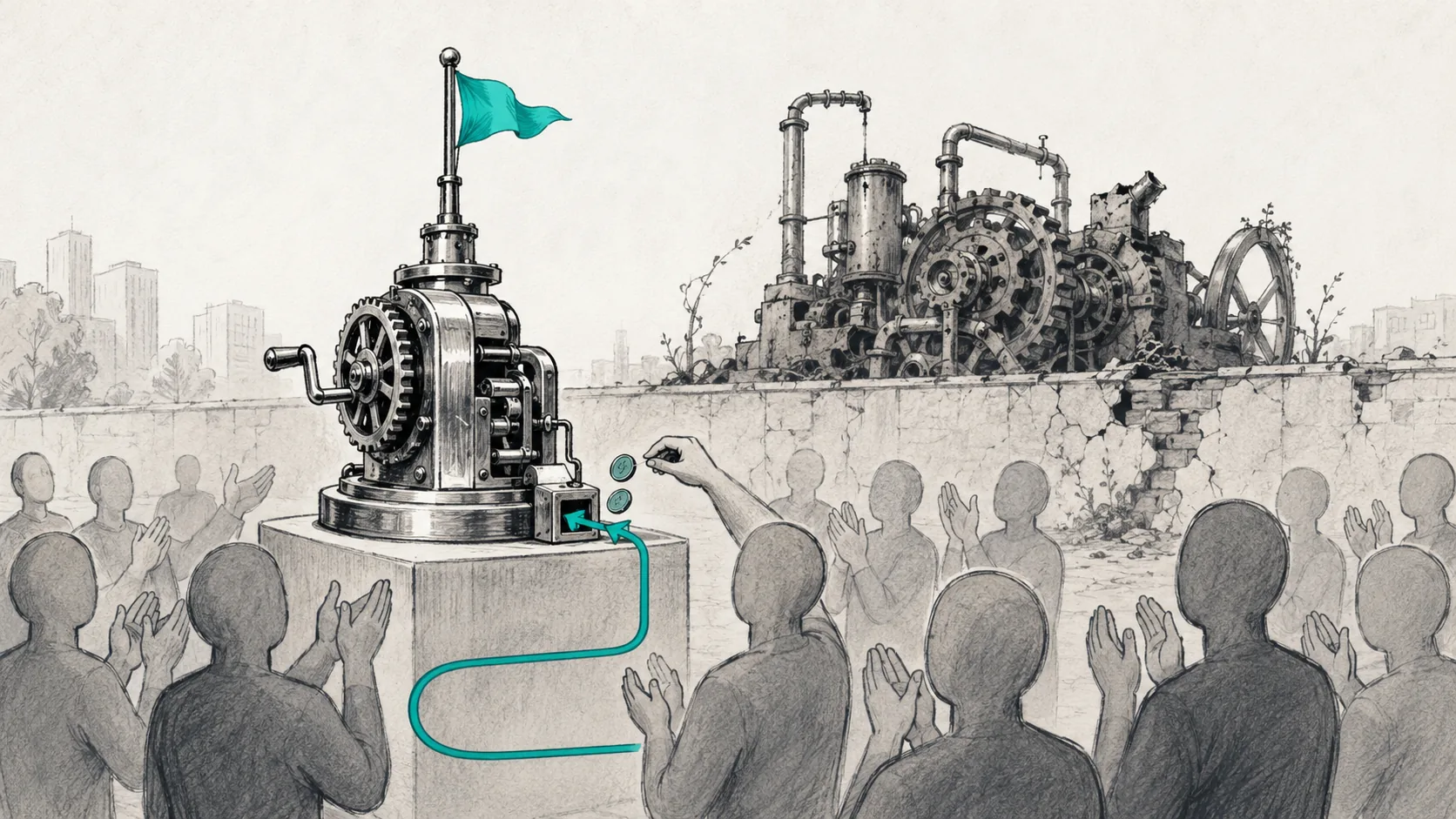 Ilustraci&oacute;n editorial sobre papel c&aacute;lido color hueso: una peque&ntilde;a m&aacute;quina de manivela sobre un pedestal de piedra levanta una bandera turquesa mientras un p&uacute;blico la rodea y aplaude, y una mano deja caer monedas por una ranura en su costado. Detr&aacute;s de un muro bajo y agrietado, el gran motor de engranajes y tuber&iacute;as que la bandera deber&iacute;a representar est&aacute; oxidado, roto y cubierto de maleza, ignorado por el p&uacute;blico. Una l&iacute;nea turquesa devuelve las monedas hacia la m&aacute;quina que levanta la bandera. Trazo de carboncillo y grafito con un &uacute;nico acento turquesa.