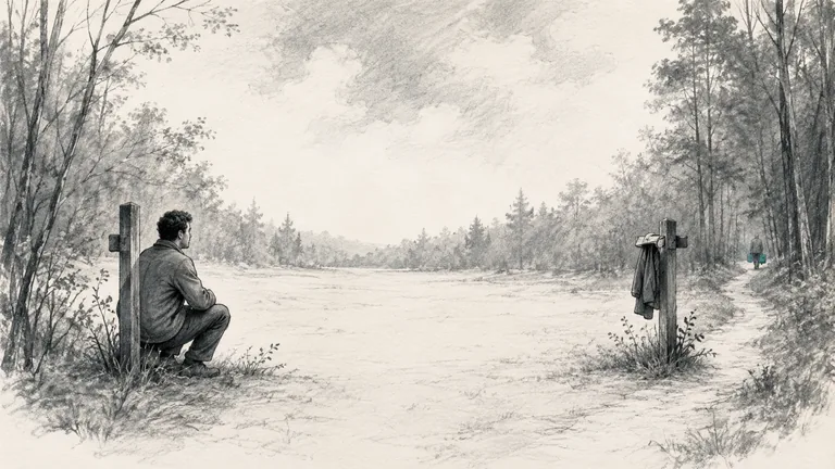 Editorial illustration on warm off-white paper: one person still crouches at a waiting post at the edge of an empty forest clearing, watching the open space, while the matching post across the clearing stands abandoned. A small bundle, the only element in teal, recedes down a side path where the other person has walked away. Charcoal and graphite linework.
