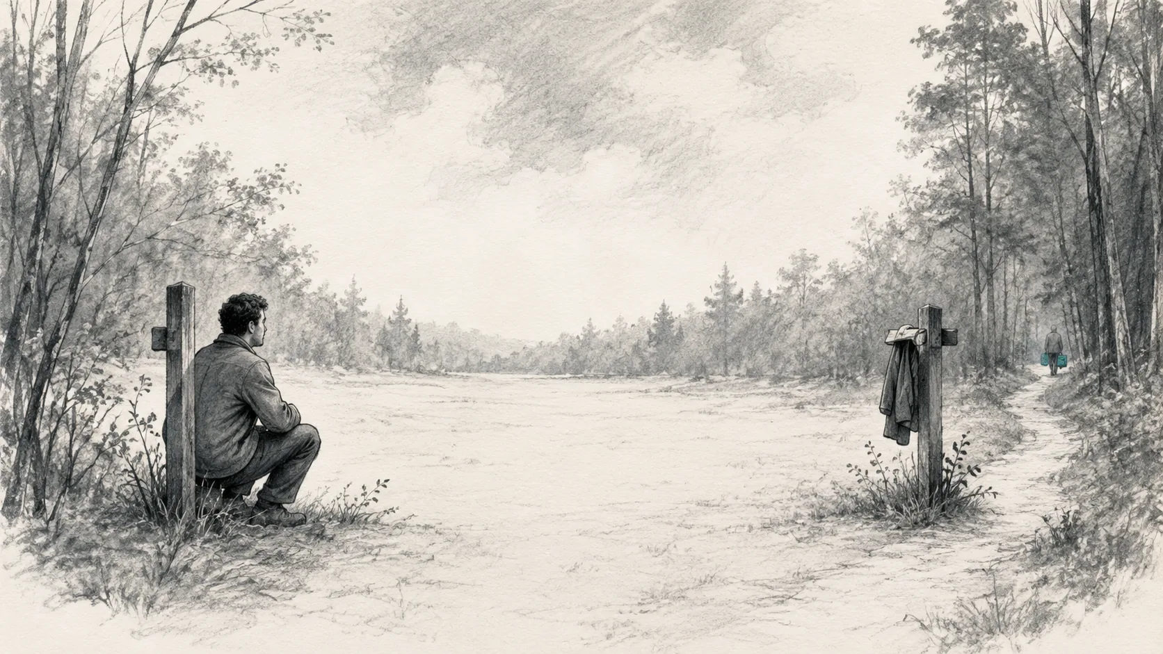 Editorial illustration on warm off-white paper: one person still crouches at a waiting post at the edge of an empty forest clearing, watching the open space, while the matching post across the clearing stands abandoned. A small bundle, the only element in teal, recedes down a side path where the other person has walked away. Charcoal and graphite linework.