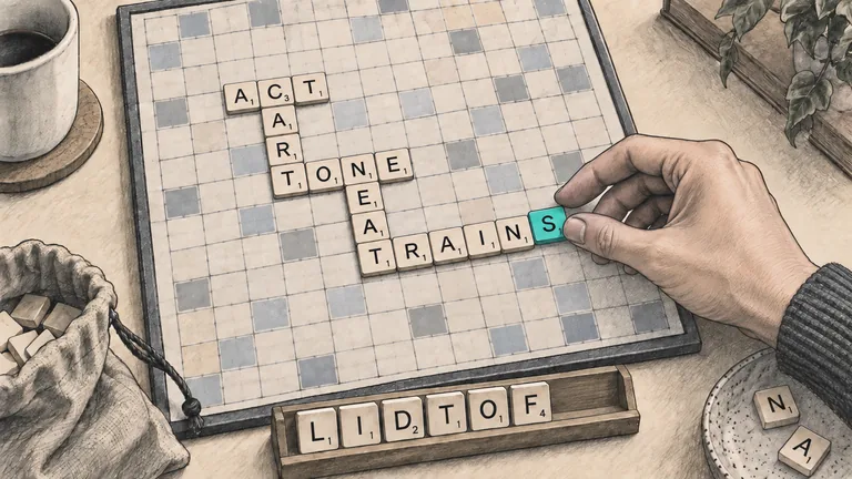 A hand adds a teal S to TRAIN on a mid-game Scrabble board, beside intersecting words ACT, CART, TONE and NEAT. A wooden rack holds six unused letter tiles.