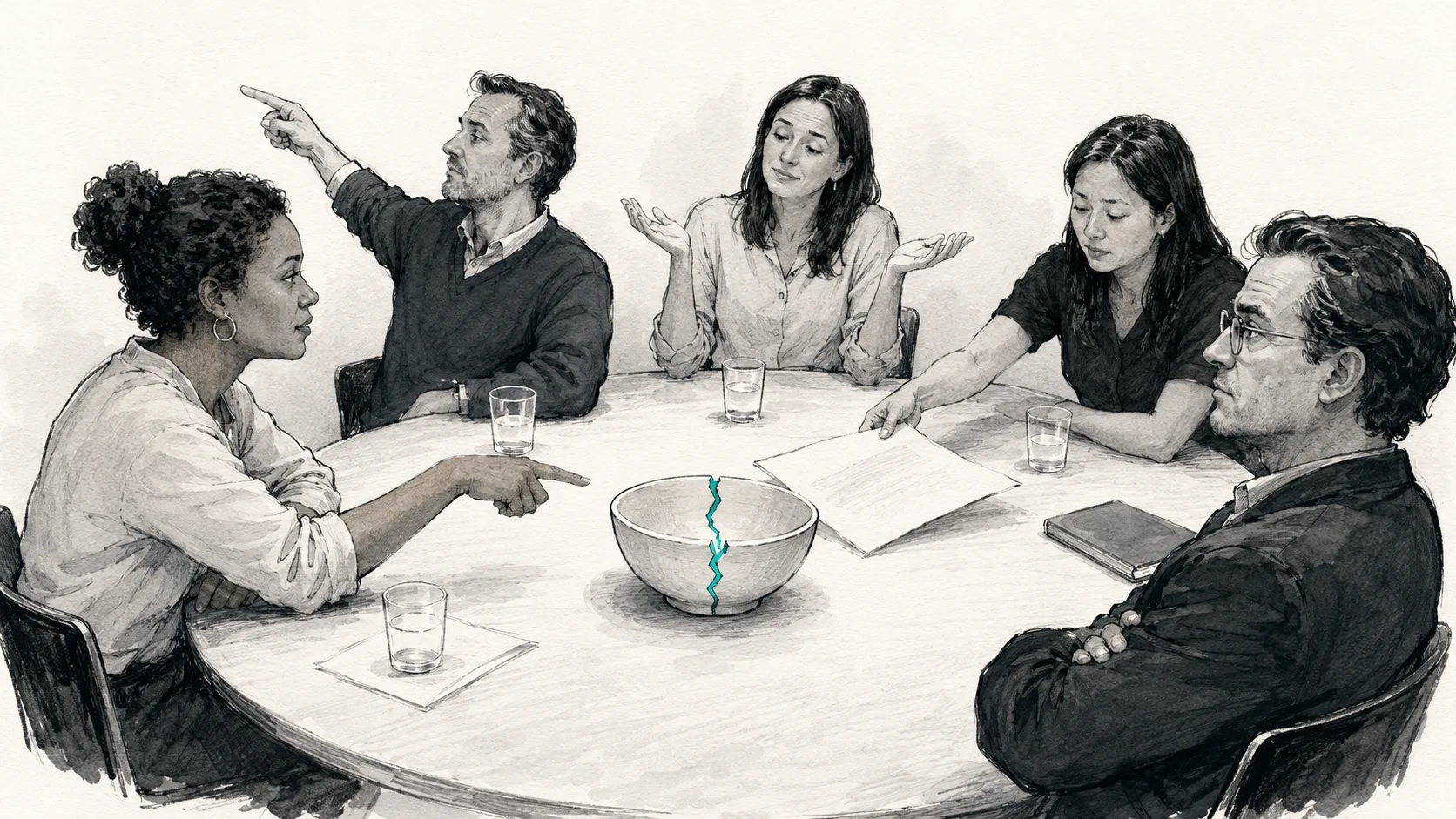 Editorial illustration of a dinner table on a warm off-white background. At the center sits a visibly cracked ceramic bowl. One person calmly points at the crack while the others avoid it: one points at something outside the scene, another slides a document over the break, another offers a shrug, and one frowns at the person who pointed.
